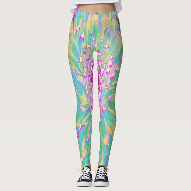 Dekorative Aquamarin Grün und Heiß Rosa Dahlia Blu Leggings (Vorderseite)