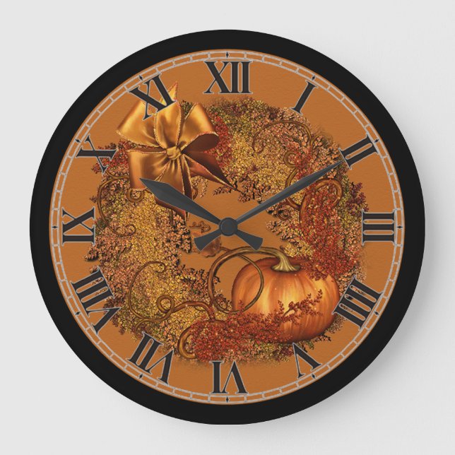 Dekorative Autumn Pumpkin Wreath Round Wall Clock Große Wanduhr (Vorderseite)