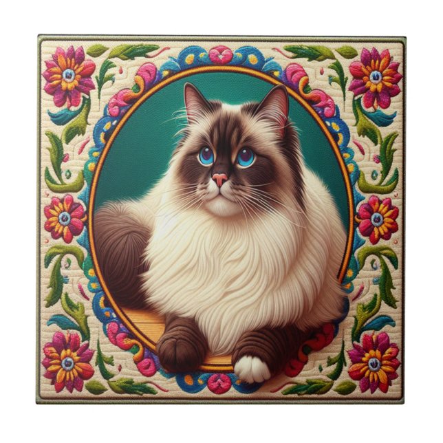 Dekorative Birman Cat farbenfrohe Blume Grenze Fliese (Vorderseite)