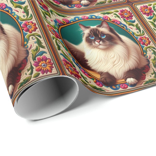 Dekorative Birman Cat farbenfrohe Blume Grenze Geschenkpapier (Rolleneckpunkt)