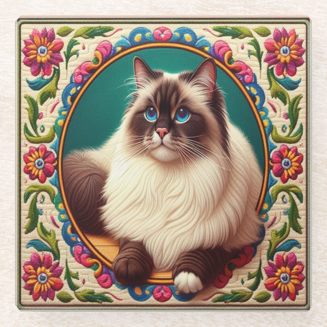 Dekorative Birman Cat farbenfrohe Blume Grenze Glasuntersetzer (Vorderseite)