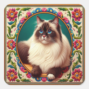 Dekorative Birman Cat farbenfrohe Blume Grenze Quadratischer Aufkleber