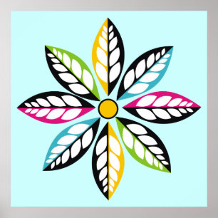 Dekorative Blätter mit Blume modern, abstrakt blau Poster