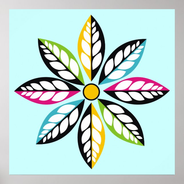 Dekorative Blätter mit Blume modern, abstrakt blau Poster (Vorne)