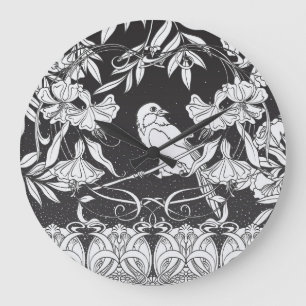 Dekorative Blume Bird Nouveau Poster Große Wanduhr