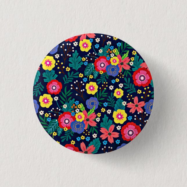 Dekorative Blumen Blätter schwarzer Hintergrund Button (Vorderseite)