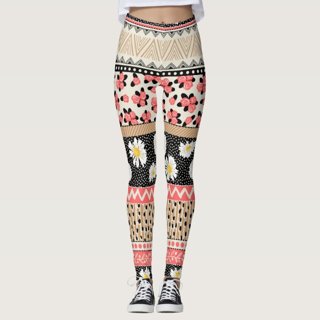 Dekorative Blumen: Patchwork-Fliesen-Muster Leggings (Vorderseite)