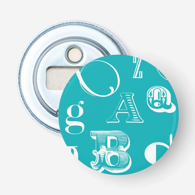 Dekorative Buchstaben auf blauem Hintergrund Flaschenöffner (Vorderseite)