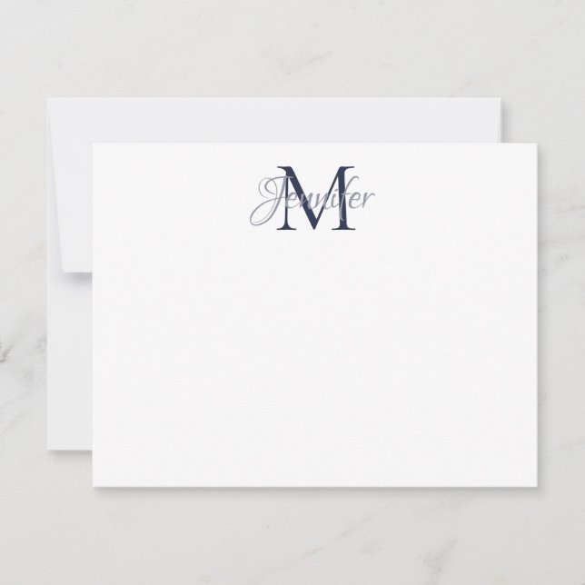 Dekorative Damask Midnight Blue und Grau Monogram Mitteilungskarte (Vorderseite)