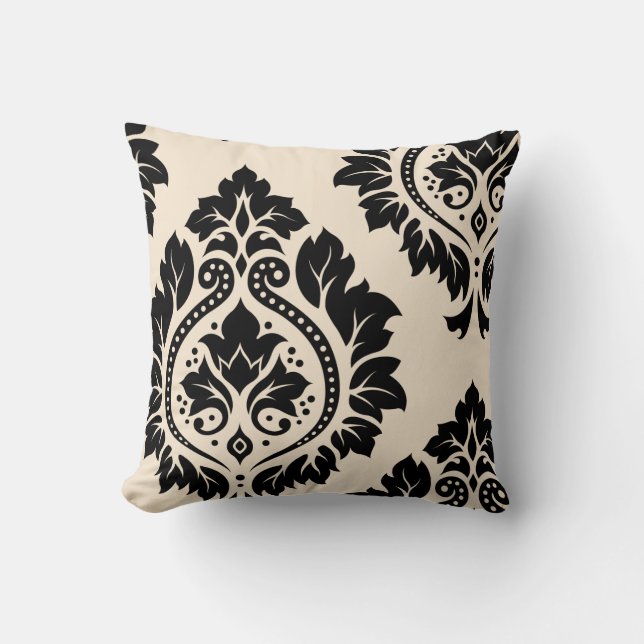 Dekorative Damast-Kunst I - Schwarzes u. Creme Kissen (Vorderseite)