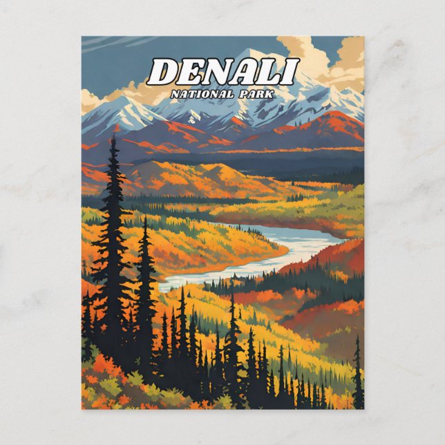 Dekorative Darstellung des Nationalparks Denali Postkarte (Vorderseite)