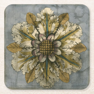 Dekorative Demask Rosette auf grauem Hintergrund Rechteckiger Pappuntersetzer