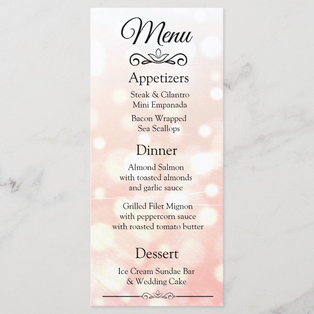 Dekorative Elegant Coral Bokeh Wedding Menu Card Menükarte (Vorderseite)