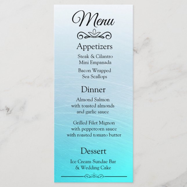 Dekorative Elegante Aqua Blue Wedding Menu Card Menükarte (Vorderseite)
