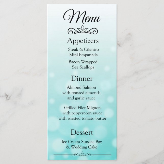 Dekorative Elegante Aquamarin Bokeh Wedding Menu C Menükarte (Vorderseite)