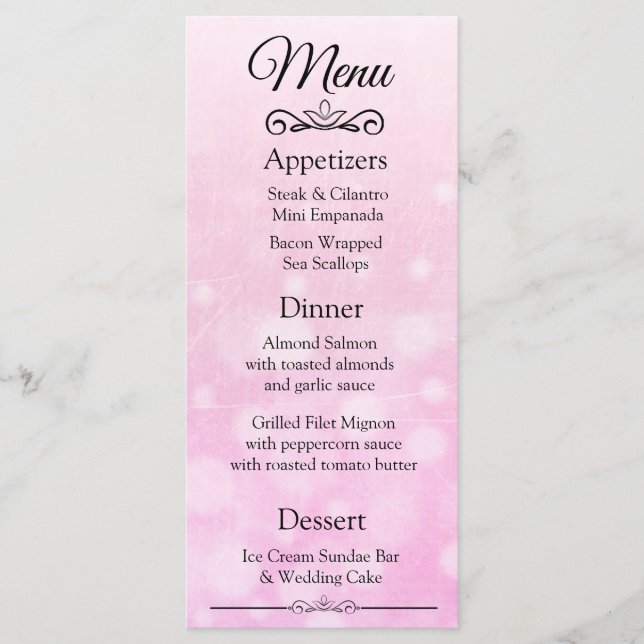 Dekorative elegante Rosa Bokeh Wedding Menu Card Menükarte (Vorderseite)