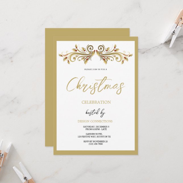 Dekorative festliche Holly-Wirbel Weihnachten Einladung (Vorderseite/Rückseite Beispiel)