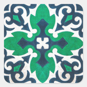Dekorative Fliese Damast Blau Grüne Spirale Quadratischer Aufkleber