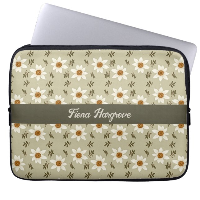 Dekorative Floral in Weiß und Beige Personalisiert Laptopschutzhülle (Vorderseite)