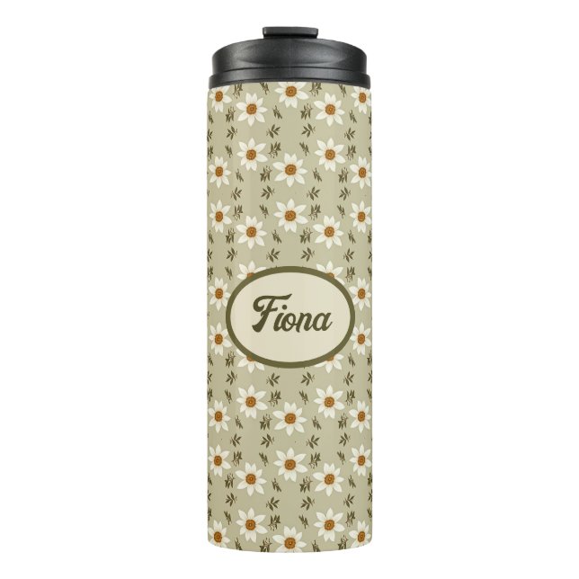 Dekorative Floral in Weiß und Beige Personalisiert Thermosbecher (Vorderseite)