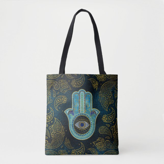 Dekorative Hamsa Hand mit Paisley-Hintergrund (Vorderseite)