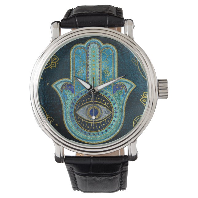Dekorative Hamsa Hand mit Paisley-Hintergrund Armbanduhr (Vorderseite)