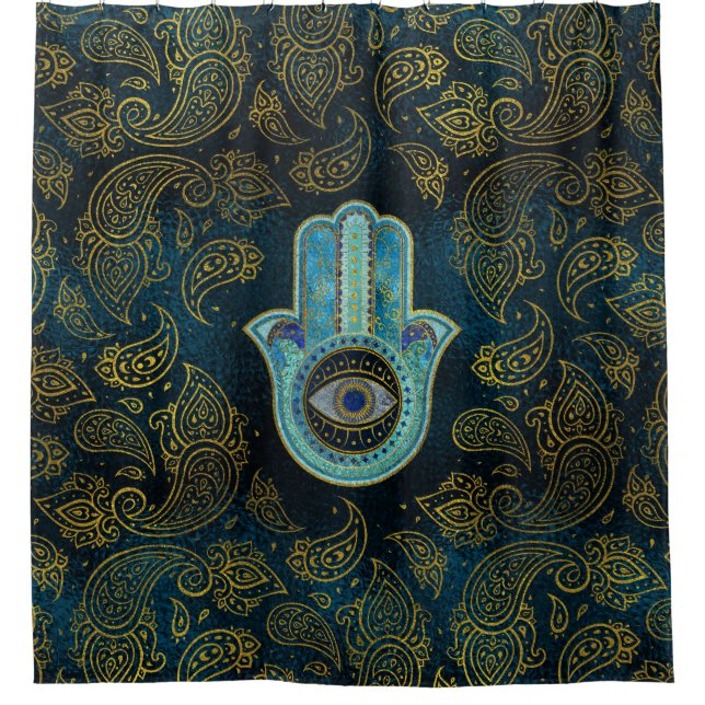Dekorative Hamsa Hand mit Paisley-Hintergrund Duschvorhang (Vorderseite)