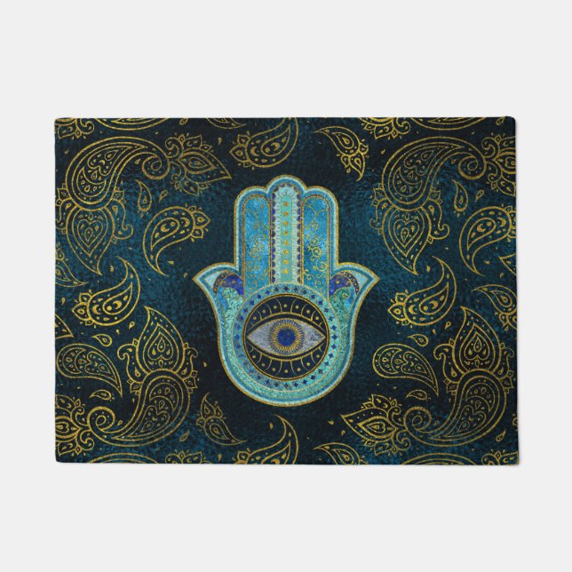 Dekorative Hamsa Hand mit Paisley-Hintergrund Fußmatte (Vorderseite)