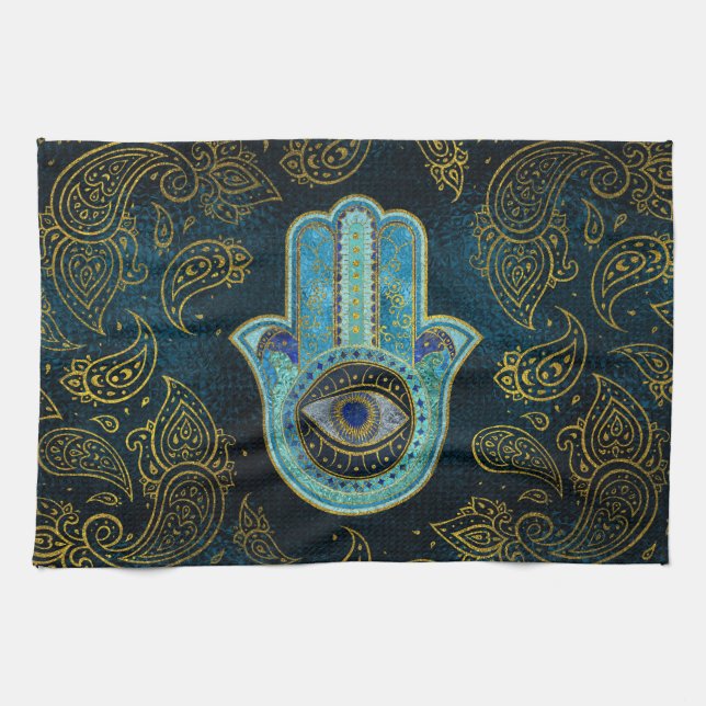 Dekorative Hamsa Hand mit Paisley-Hintergrund Handtuch (Horizontal)