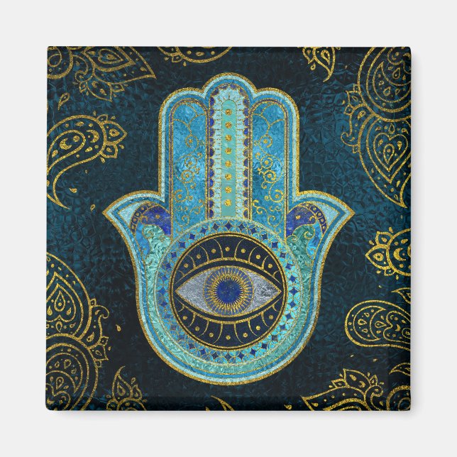 Dekorative Hamsa Hand mit Paisley-Hintergrund Magnet (Vorne)