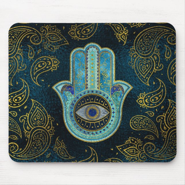 Dekorative Hamsa Hand mit Paisley-Hintergrund Mousepad (Vorne)
