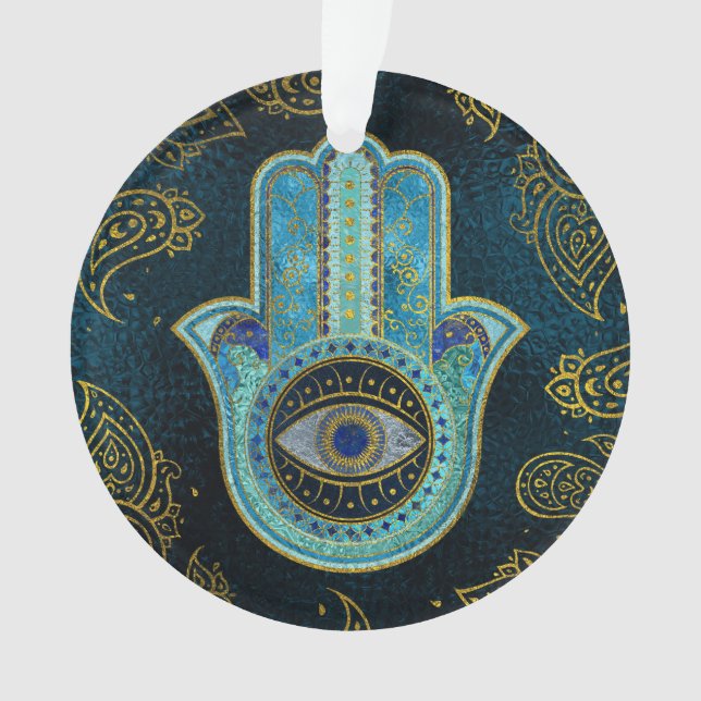 Dekorative Hamsa Hand mit Paisley-Hintergrund Ornament (Vorderseite)