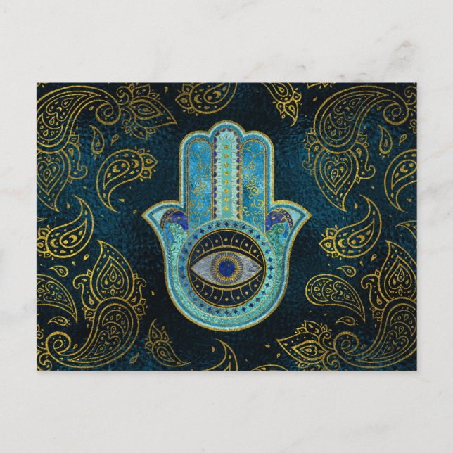 Dekorative Hamsa Hand mit Paisley-Hintergrund Postkarte (Vorderseite)