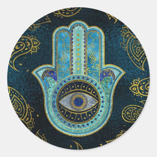 Dekorative Hamsa Hand mit Paisley-Hintergrund Runder Aufkleber (Vorderseite)