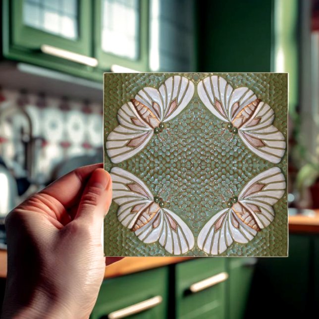 Dekorative Keramik Fliese (Green and white moth tile. Four moths form a wreath design on this unusual original ceramic tile.)