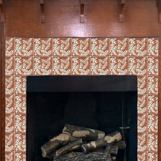 Dekorative Keramik Fliesen, Rost & Weiß-Blätter Fliese (Rust and white tile shown on a craftsman fireplace.)