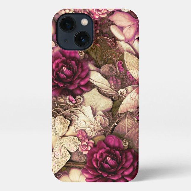 Dekorative Kollagenschmetterlinge und Rose iPhone Hülle (Rückseite)
