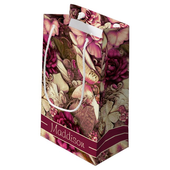 Dekorative Kollagenschmetterlinge und Rose mit kle Kleine Geschenktüte (Rückseite Schrägansicht)