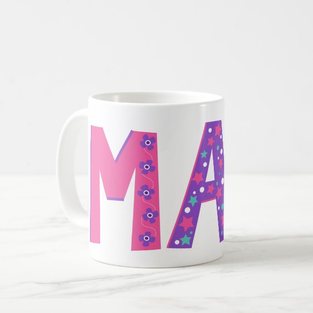 Dekorative Mai Blume Sterne rosa lila Grafik Kaffeetasse (Vorderseite Links)