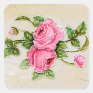 Dekorative Majolica Vintage Rose Blumenstrauß Quadratischer Aufkleber