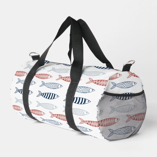 Dekorative mediterrane Sardinen Fischmuster Duffle Bag (Rechte Ecke)