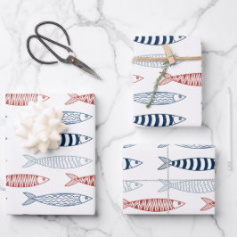Dekorative mediterrane Sardinen Fischmuster Geschenkpapier Set