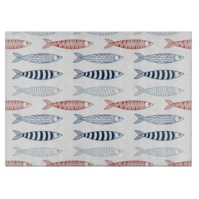 Dekorative mediterrane Sardinen Fischmuster Schneidebrett (Vorderseite)