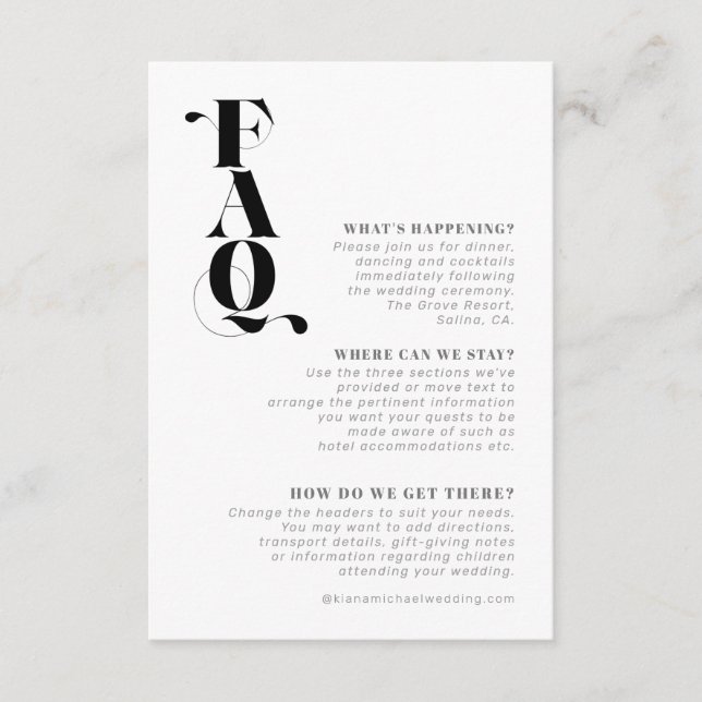 Dekorative moderne Hochzeitdetails FAQ ID887 Begleitkarte (Vorderseite)