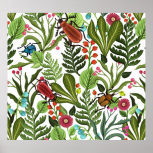 Dekorative Pflanze und Insekten: Nahtloses Design. Poster