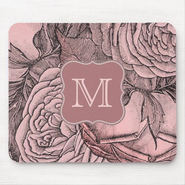 Dekorative Rosen Roséfarbenes Monogramm Mousepad (Vorne)
