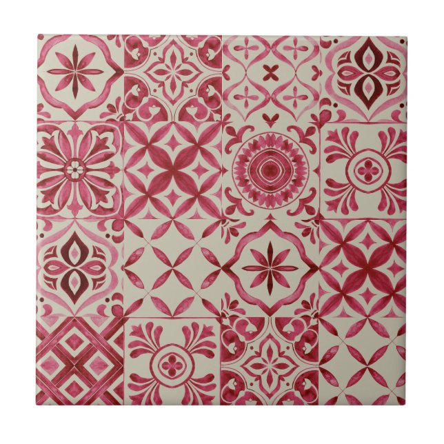 Dekorative rote Azulejo-Fliesen-Patchwork-Muster Fliese (Vorderseite)