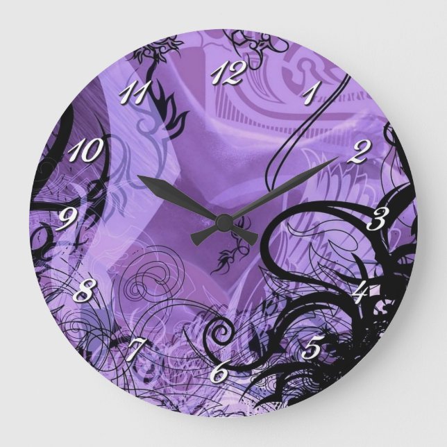 Dekorative Schwarz-Lila Pattern Wand-Uhr Große Wanduhr (Vorderseite)
