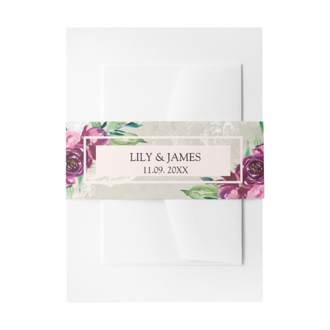 Dekorative Taube Hochzeit mit Grau, Wein und Rosen Einladungsbanderole (Vorderseite Beispiel)