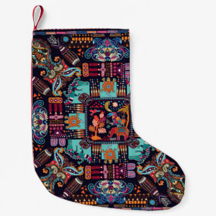 Dekorative Tiere: farbenfrohes ethnisches Design. Kleiner Weihnachtsstrumpf